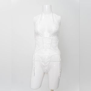 White Mesh and Lace Halter Bustier Garter and thong set